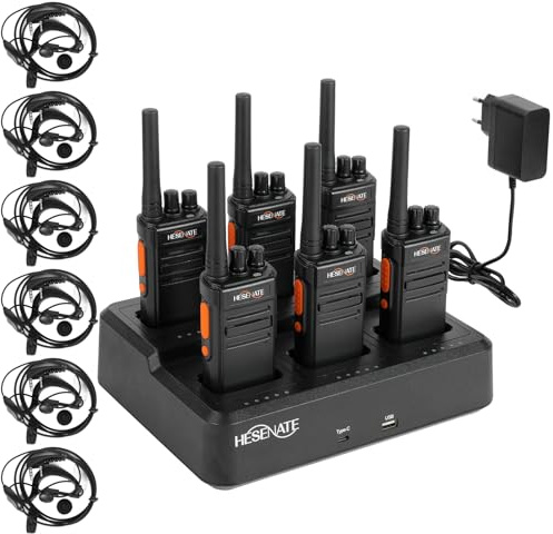HESENATE HT66 Talkie-walkie PMR446 Radio sans Licence Radio Longue portée Talkie-walkie Professionnel 16 canaux Portable Woki Toki (Noir, Lot de 6) (avec Chargeur 6 emplacements)