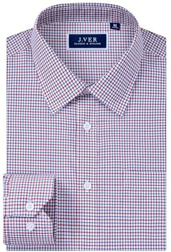 J.VER Chemise boutonnée à manches longues pour homme - Chemise d'affaires décontractée en coton à carreaux avec poche, rouge/bleu, Taille M