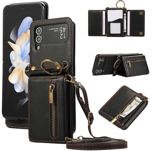 Compatible with Samsung Galaxy Z Flip 3 5G 2021 Wallet Case and Crossbody Shoulder Strap Ring Buckle Hinge Protection Stand Card Holder Phone Cover for ZFlip3 Z3 Flip3 3Z Women Girls Men Black