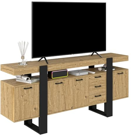 Songvas TV Schrank 180cm, Lowboard für Fernseher bis zu 65 Zoll, mit 2 Schubladen und 2 Türen, Fernsehschrank, geeignet für Wohnzimmer/Chambre, Anti-Eiche + Schwarz, 180x40x80cm