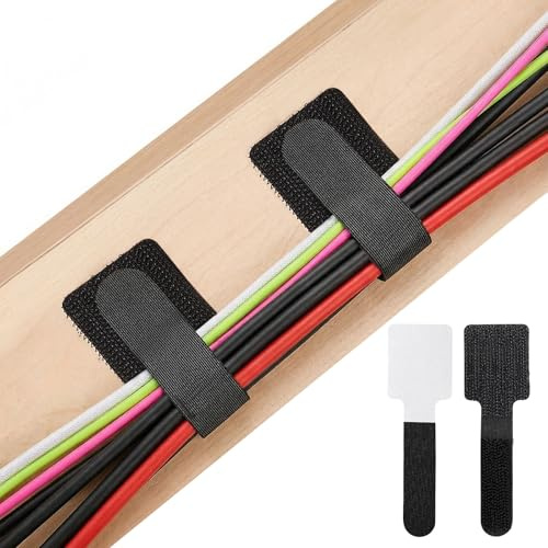 ColumPRO Under Desk Cable Management, Self Adhesive Cable Tidy with Hook and Loop Straps, Stick-On Cable Organiser for Desk, Office & Home, 40PCS 100mm, Black