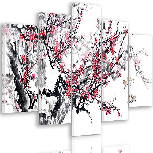 Feeby Impression Sur Toile 5 Pièces Cerisier Japonais Type A 100x70 cm Tableau Mural Image Moderne Photo Décoration Murale Artistique Photographie Design Chambre Salon Cuisine Blanc Rouge Noir