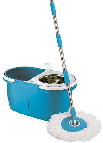 Easy Clean Spin Mop Dual Bucket Set with 2 Heads Stainless Steel 360° Spinner with Soap Dispenser (Turquoise)