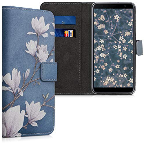 kwmobile Wallet Case kompatibel mit Samsung Galaxy J4+ / J4 Plus DUOS Hülle - Cover mit Ständer und Kartenfächern - Magnolien Taupe Weiß Blaugrau
