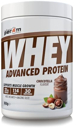 Per4m Whey Protein Powder | High Protein Shake for Muscle Growth & Recovery | Low Sugar Gym Supplement | Sports Nutrition Drink + Amino Acids (900g, Chocotella)