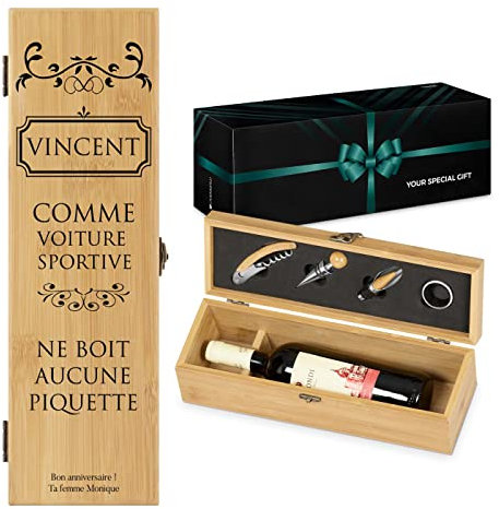 Maverton Coffret à bouteille en bambou, Cadeau d'accessoires pour le vin, Set sommelier personnalisé, Cadeau pour chaque homme - Cadeau Noel - boire