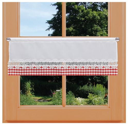 Feenhaus-Scheibengardine Hannah mit Vogtländischer Spitze Landhaus-Kurzgardine rot-weiß kariert | blickdichter Scheibenhänger für Küche und Esszimmer | Kaffeehausgardine Höhe x Breite 30 x 80 cm