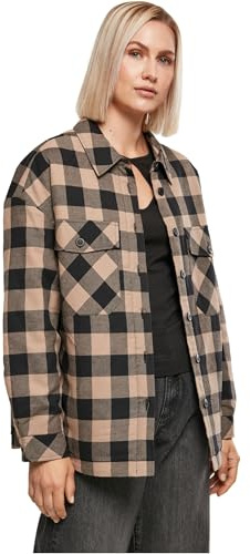 Urban Classics Damen Ladies Flanell Padded Overshirt Jacke, Black/softtaupe, 5XL
