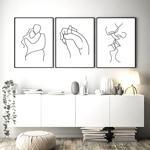 SWECOMZE 3-teiliges Love Moderne Poster Set - Hand in Hand, Umarmen, Line Art Kuss Bilder Wohnzimmer Deko Schlafzimmer Modern Fine Art - Ohne Rahmen (50x70cm)