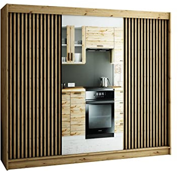 MEBLE KRYSPOL Schwebetürenschrank LAMELO 2 mit Zierstreifen und Spiegel, Kleiderschrank mit 2 Kleiderstange, Modern Design (250 cm)