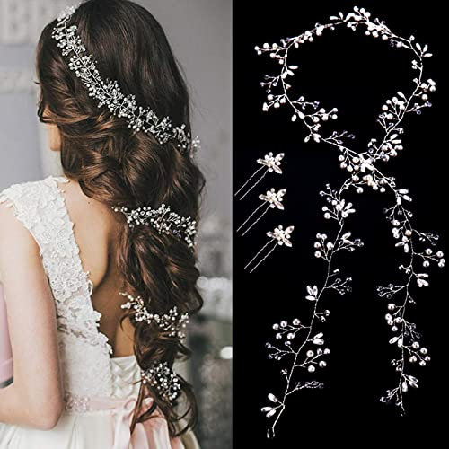 Bandeau de Mariage Cheveux Vigne,Strass Perle Vigne Cheveux Bandeaux De Mariage Tressé, Bohème Serre-têtes Casque De Mariée, Accessoires de Coiffure Cristal pour Les Mariées,100 cm.