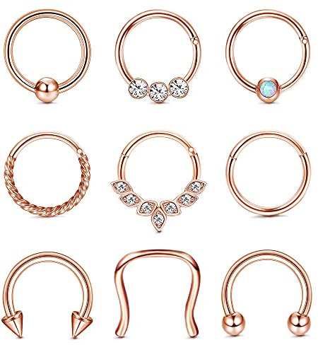 Kakonia 9 pièces Bijoux de Septum 16G Anneaux de Septum Boucles d'Oreilles Daith Hoop Anneaux de Nez Fer à Cheval en Acier Inoxydable pour Femmes Helix Tragus Lip Cartilage Boucles d'Oreilles
