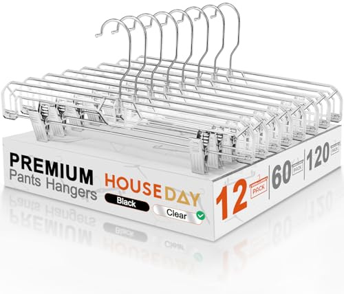 House Day Genomskinliga byxhängare med klämmor, 12-pack, kjolhängare i plast för kvinnor, klämhängare, för byxor, kjolar, jeans, shorts, leggings, med 360-graders vridbar krok, 2 justerbara klämmor