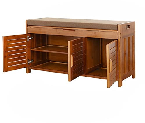 Kleine Schuhschrank mit Sitzbank, Holz Schuhregal mit Sitzfläche, Bambus Bank mit Stauraum und Sitzkissen, für Flur Zuhause Eingang, 90x32.5x50cm Einfache Montage und Platzsparend
