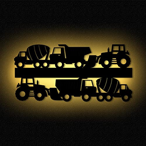 Namofactur Wandlampe Baustelle Baufahrzeuge I Nachtlicht Schlummerlicht Kinderzimmer Kinder Mädchen Junge I MDF Holz Batteriebetrieb