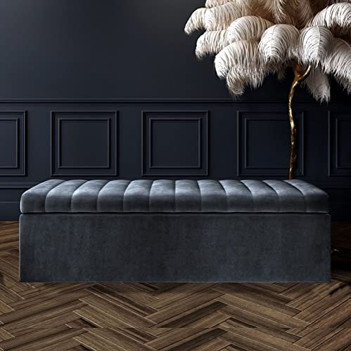 Ottoman Storage Box - Lined Striped Ottoman Box - Plush Velvet Upholstered Blanket Box - Velvet End Table - End of Bed Bench - Shoe Storage Bench - Entry hallway Bench - Ottoman Footstool with Storage