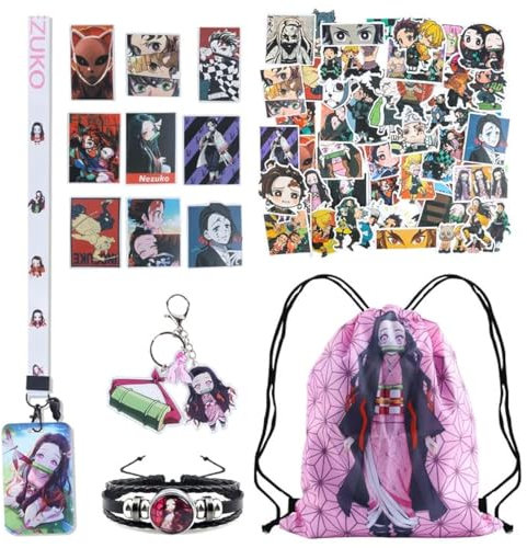 HERMJ Slayer Merch Geschenkset,Anime, Sticker, Keychain, Kordelzugbeutel, Armband, Kartenhaltern, für Fans