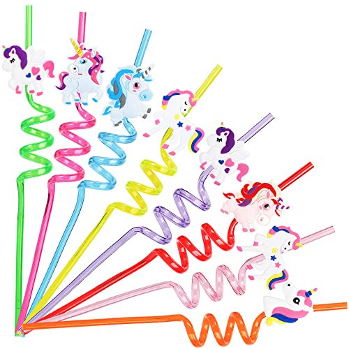 Erinnmy Lot de 24 pailles réutilisables pour enfants, pailles en spirale pour enfants, pailles de licorne, pailles bouclées pour fête d'anniversaire, décorations de lait, jus de fruits