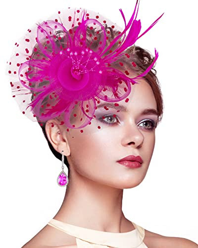 Silom Fascinators Hat for Women, Cocktail Tea Party Headwear Flower Mesh Feather Fascinator Girls Flower Hair Clip Hat Bridal Headpiece Wedding Church Hats(Rose)