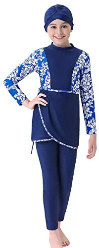 Kinder Mädchen Muslimischen Badeanzug Full Cover Badebekleidung Burkini Modest Islamischen Ganzkörper Hijab Langarm Top Hose Set Wassersport Surfen Outfit Bademode Schwimmanzug Dunkelblau 6-7 Jahre