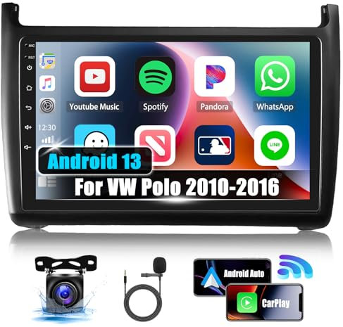 CAMECHO 9 Zoll 1+32G Android 13 Autoradio für VW Polo 2010-2016, Wireless Carplay/Android Auto Antoradio mit Navi WiFi Hi-Fi Bluetooth FM/RDS Dual USB + AHD Rückfahrkamera & Mic