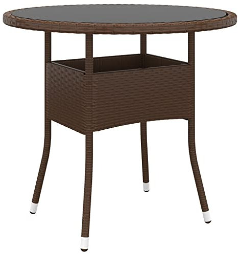 FIRBNUS 80x75 cm Sofatisch mit Hartglas Tischplatte Beistelltisch Wasserbeständiges Couchtisch Teetisch Terrassentisch Kaffeetisch Braun Esstisch Rund Balkon Tische Poly Rattan