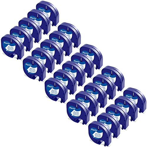 25x Kompatibel mit Dymo LetraTag 12mm x 4m Kunststoff Weiß Etikettenband 91221 91201, Kompatibel mit Dymo LetraTag Schriftband Plastic Bänder for LT-100H LT-100T LT-110T 200B XR XM