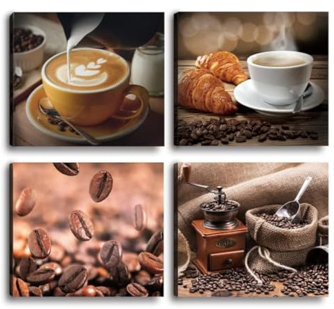 HPNIUB Bild auf Leinwand Kaffee Cafe 20x25 cm 4 Teile Bilder fertig gerahmt auf echtem Holzrahmen. Ausführung Kunstdruck als Wandbild