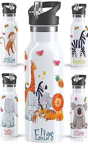 OWLBOOK® Kinder Edelstahl Trinkflasche mit Strohhalm 600 ml | Spülmaschinenfest & BPA Frei | Personalisierte Geschenke für Kinder zur Einschulung Geburtstag Schulanfang | Safari