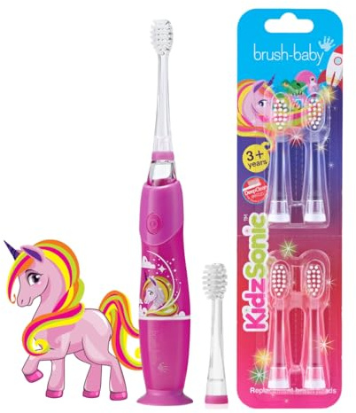 Brush-Baby - Unicorn KidzSonic Kids Electric Toothbrush, 3+ Years - DeepClean Bristles, Suction Base - Fun Design with Flashing Disco Lights - with 4 x Replacement Heads & 1 x AAA Batteries