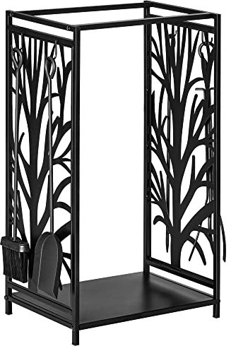 HOMCOM Estante para Leña Estantería de Almacenamiento para Chimenea 46x30x70 cm Soporte para Leña con 4 Herramientas para Interior y Exterior Negro