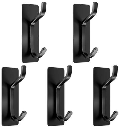Avesteir 5 Pièces Crochet Adhesif Mural 3M Noir, Porte Manteau en Acier Inox, Accroche Double Serviette Salle de Bain, Crochets Auto Adhésif Anti-Rouille et Étanche Pour Cuisine Salle de BainBureau