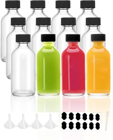 YBCPACK 12 Stück Shot Flaschen zum Befüllen 60ml Shotgläser mit Deckel mit Trichter, Etiketten und Stift, Kleine Glasflaschen für Ingwershots, Detox Drinks & Spirituosen | Spülmaschinenfest