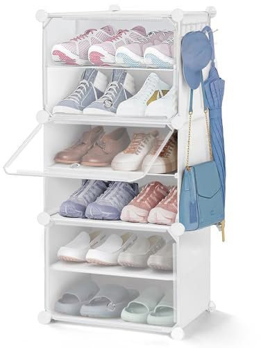 ABOUT SPACE Shoe Rack for Home with Door - 12 Pair DIY Slipper Stand with Hanger, 3 Cube Expandable Shelves Closed Shoes Rack for Home Men, Women Heels Boots Flip-Flops (White - L 40 x B 30 x H 90 cm)