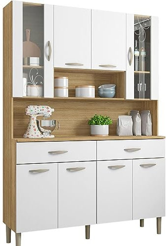 KITS PARANA Buffet de Cuisine 8 Portes 2 Tiroirs Chêne et Blanc L 121.4 H 173.5 P 36.3 cm