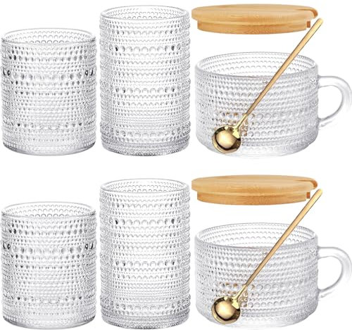 Dababell Set di 6 bicchieri highball vintage, 4 bicchieri per hobby con 2 tazze da caffè vintage, bicchieri per bevande vecchio stile, set di bicchieri da acqua vintage (amanti moderni)