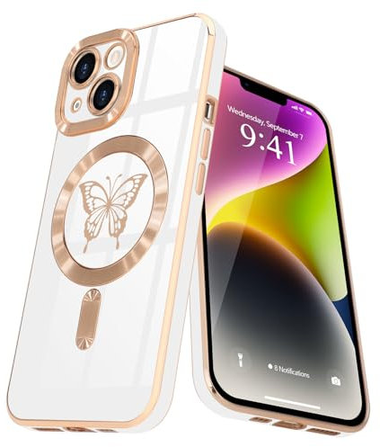 Lafunda Magnetisch Hülle für iPhone 14 Handyhülle Schutzhülle Kamera-Vorsprung Case Schmetterling Vergoldung Glitzer Mädchen Stoßfest Cover für iPhone 14 Weiß