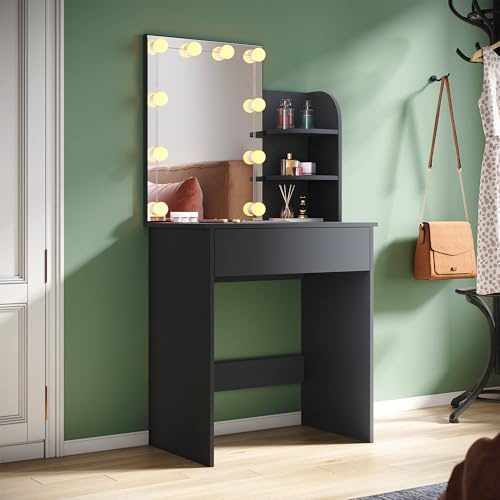 SUNXURY Kleine Schminktisch Schwarz mit Hollywood-Lichtern Viel Stauraum Frisiertisch für mädchen Kann als Schminktisch oder Arbeitstisch verwendet Werden 70x40x140cm