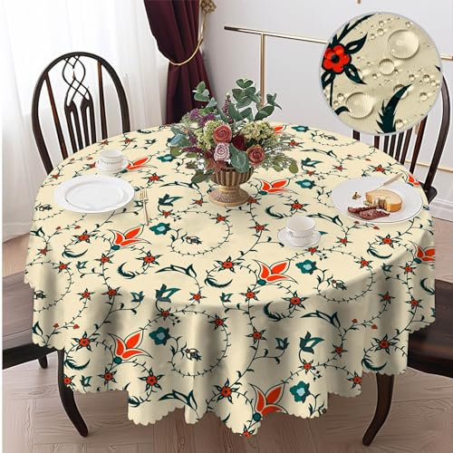 Tischdecke Outdoor Tischdecke Rechteckig Abwaschbar Gartentischdecke Tischdecken Fleckschutz Wasserdicht Tischtuch für Küche, Garten, Partys und Abendessen (Vintage Blumen Rot, Rund 150cm)