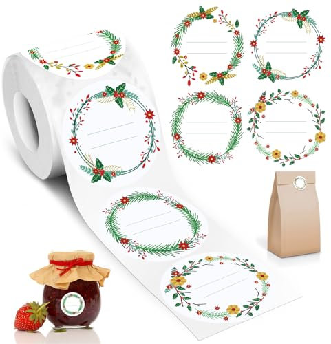 AiQInu Etichette Adesive per Marmellate, 500Pezzi 5CM Etichette Adesive Rotonde 4 Diversi Modello Adesivi Scrivibile per barattoli vetro, Prodotti da Forno, Confezione Regalo, Decorare Regalo