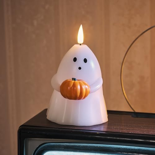 Lights4fun TruGlow® LED Gespenster Kerze mit Fernbedienung und Timer batteriebetrieb Herbst Deko Orange Kürbis Halloween Deko Gigi das Gespenst 10cm