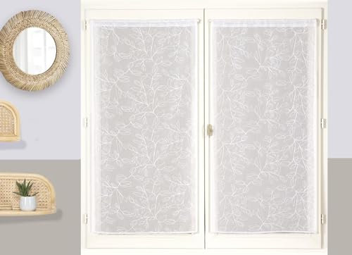 Atout Ciel Paire de Voilages Brodés Feuilles, avec Passe-Tringle prêts à Poser, 2X 60x120cm, Blanc