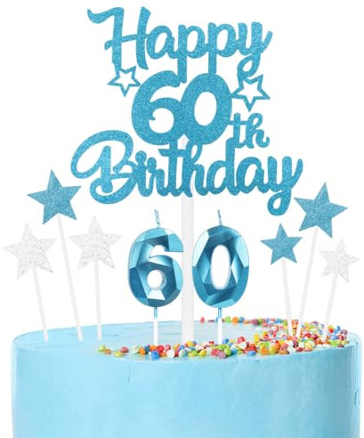 Blue 60th Birthday Candles Cake Toppers Set, Blue Number Candles 60 Candle for Cake, Blue Silver Cake Decorations, Blue Happy Birthday Cake Toppers for Girls Boys Women Men Birthday Party Decorations