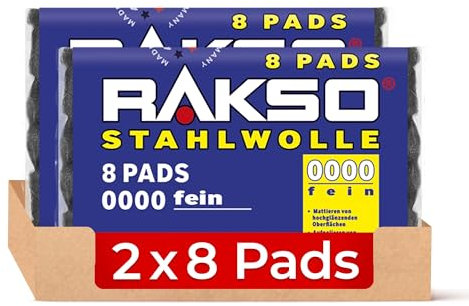 RAKSO Stahlwolle extrafein 0000-16 Pads - 2x8 Stk. poliert gewachstes Holz, Kupfer, Messing, mattiert Oberflächen, säubert Glas