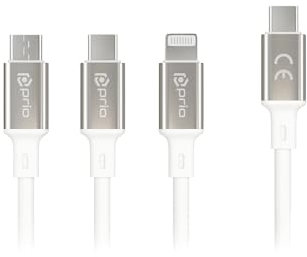 Prio® 3-in-1 Schnellladekabel | USB C auf Lightning, Micro USB & USB C | 3A, 60W, 1,2 m | Universelles Lade- & Datenkabel für Smartphone & Tablet | robust & flexibel | weiß