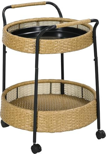 Outsunny Servierwagen Rattan Trolley mit 2 Regalen, Runde Küchenwagen, Gartenrollwagen mit Griffen, Outdoor Barwagen für Balkon, Stahlrahmen, Φ50 x 66 cm, Natur
