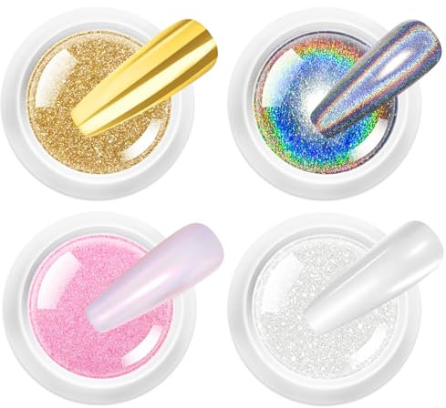 Gold Chrome Nail Powder BISHENGYF: Super Mirror Nail Glitter, Metal Holo Chrome Powder Nails Pigment White Aurora Glazed Donut Glassy Pearl Chrome Colored Nail Powder, Silver Nail Art DIY Design Decor