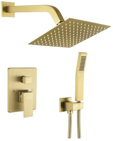 YIHAOWY Shower faucet set brushed gold shower system with 10 square rain shower and hand shower nozzle, including control valve and trim kit