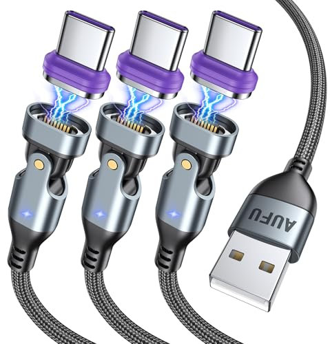 AUFU 18W Cable de Carga Magnético USB C [1M/2M/2M], Cable Magnético Plano 16PIN de USB A a USB C para Galaxy S23/Tableta - Negro