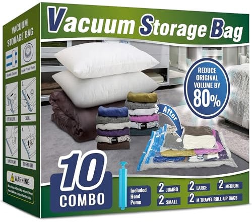 Oumaru Vacuum Storage Bags for Clothes, 10 Pack Vacuum Bags, Space Saver Bags for Clothes, Duvets and Pillows, Hand Pump Included (Combo)